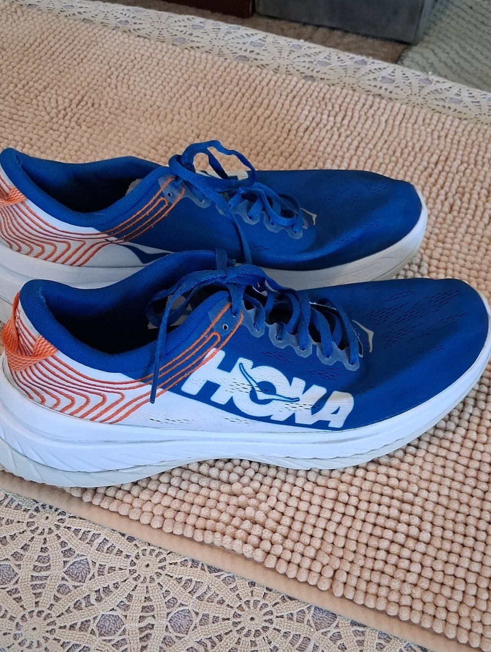 Hoka Blue and White Men's Running Shoes with Orange Accents